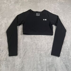 Hawaiis Finest Womens Crop Top Large Black Long Sleeve Workout Fitness Crew Neck